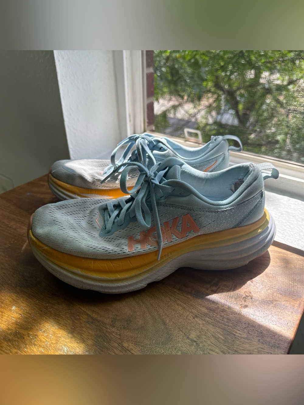 HOKA Bondi Women's 8D Light Blue and Yellow Running Shoes